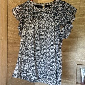 Rebecca Taylor- Floral Ruffle Sleeve Top -navy, green, white with gold thread.